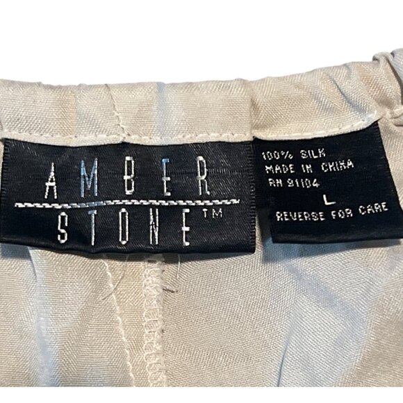 Amber Stone 100% Silk Beige Elastic Waist Pants L - Picture 2 of 7